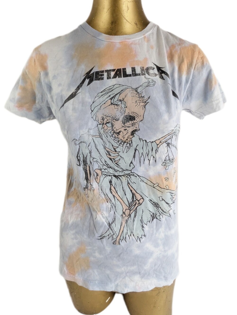 Metallica Light Blue & Peach Tie Dye Tee With Skull Graphic Medium